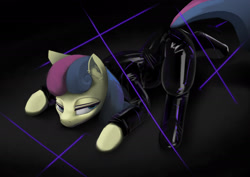 Size: 2400x1700 | Tagged: safe, artist:filly909, artist:imadeus, imported from derpibooru, bon bon, sweetie drops, earth pony, pony, catsuit, female, laser, latex, latex suit, lidded eyes, mare, secret agent sweetie drops, solo