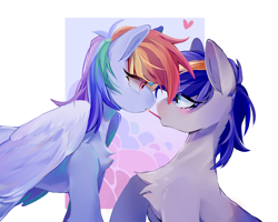 Size: 3000x2400 | Tagged: safe, artist:memorycity2, imported from derpibooru, rainbow dash, oc, oc:dopami korpela, pegasus, pony, unicorn, bedroom eyes, blushing, canon x oc, commission, dopadash, female, food, heart, horn, looking at each other, male, mare, pocky, pocky game, shipping, stallion, straight, unicorn oc