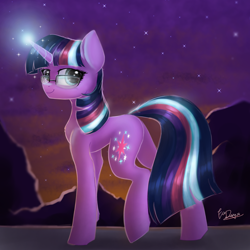 Size: 2000x2000 | Tagged: safe, artist:aryatheeditor, artist:evedizzy26, imported from derpibooru, sci-twi, twilight sparkle, pony, unicorn, equestria girls, beautiful, blue eyes, blurry background, concave belly, cutie mark, element of magic, equestria girls ponified, female, geode of telekinesis, glasses, glowing horn, headcanon, heterochromia, horn, jewelry, long legs, magic, magical geodes, mare, powerful sparkle, regalia, side view, sky, slim, solo, striped mane, striped tail, tail, thin, unicorn sci-twi, unicorn twilight, walking