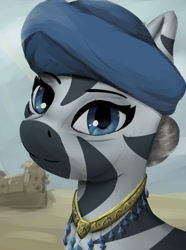 Size: 1280x1724 | Tagged: safe, artist:monx94, imported from derpibooru, oc, oc only, oc:agil agamal, pony, zebra, equestria at war mod, jewelry, simple background, solo, turban