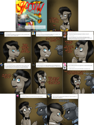 Size: 2254x3006 | Tagged: safe, artist:jitterbugjive, imported from derpibooru, doctor whooves, star hunter, time turner, pegasus, pony, ask discorded whooves, angry, betrayal, betrayed, bowtie, comic, crossover, denial, discord whooves, discorded, doctor who, doctor whooves is not amused, implied dalek, jack harkness, male, ponified, race swap, stallion, tardis, tardis console room, tardis control room, the doctor, ufo