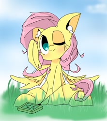 Size: 1080x1220 | Tagged: safe, artist:pnpn_721, imported from derpibooru, fluttershy, pegasus, pony, earbuds, female, front view, full face view, grass, looking at you, mare, mp3 player, music player, one eye closed, outdoors, raised hoof, sitting, smiling, solo, spread wings, wings