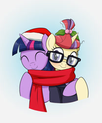 Size: 1000x1200 | Tagged: safe, artist:mew-me, imported from derpibooru, moondancer, twilight sparkle, pony, unicorn, blushing, christmas, clothes, cute, dancerbetes, eyes closed, female, glasses, hat, holiday, mare, santa hat, scarf, shared clothing, shared scarf, smiling, sweater, twiabetes