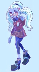 Size: 802x1458 | Tagged: safe, artist:osawari64, edit, imported from derpibooru, sugarcoat, equestria girls, blue background, blushing, clothes, cropped, crystal prep academy uniform, cute, looking at you, school uniform, simple background, smiling, solo, sugarcute, walking