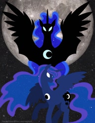 Size: 720x937 | Tagged: safe, artist:texasuberalles, imported from derpibooru, nightmare moon, princess luna, alicorn, pony, female, glowing eyes, hybrid wings, lineless, mare, moon, space, wings