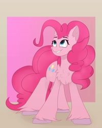 Size: 3200x4000 | Tagged: safe, artist:ponyangle, imported from derpibooru, pinkie pie, earth pony, pony, chest fluff, female, fluffy, mare, simple background, solo, unshorn fetlocks