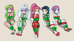 Size: 1800x1000 | Tagged: safe, artist:nivek15, imported from derpibooru, indigo zap, lemon zest, sour sweet, sugarcoat, sunny flare, equestria girls, arm behind back, bondage, bound and gagged, christmas, cloth gag, clothes, female, femsub, footed sleeper, footie pajamas, gag, gift wrapped, help us, holiday, indigosub, lemonsub zest, looking at you, onesie, otn gag, over the nose gag, pajamas, shadow five, sleep mask, sleepwear, soursub, subflare, submissive, tied up