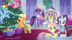 Size: 3840x2160 | Tagged: safe, artist:limedazzle, imported from derpibooru, applejack, fluttershy, pinkie pie, rainbow dash, rarity, spike, twilight sparkle, alicorn, dragon, earth pony, pegasus, pony, unicorn, the last problem, christmas, christmas tree, cute, female, holiday, magic, male, mane seven, mane six, mare, older, older applejack, older fluttershy, older mane seven, older mane six, older pinkie pie, older rainbow dash, older rarity, older spike, older twilight, present, show accurate, teapot, tree, twilight sparkle (alicorn), winged spike, wings