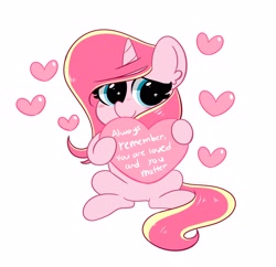 Size: 3200x3100 | Tagged: safe, artist:kittyrosie, imported from derpibooru, oc, oc only, oc:rosa flame, pony, unicorn, blushing, cute, female, heart, looking at you, mare, ocbetes, positive message, positive ponies, simple background, sitting, smiling, solo, white background