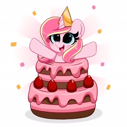 Size: 2037x2048 | Tagged: safe, artist:kittyrosie, imported from derpibooru, oc, oc only, oc:rosa flame, pony, unicorn, blushing, cake, cute, food, hat, ocbetes, open mouth, party hat, pop out cake, popping out of a cake, smiling, solo