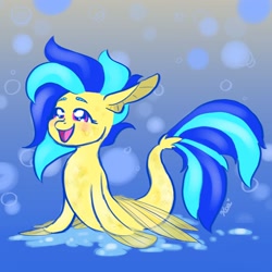Size: 2500x2500 | Tagged: safe, artist:koapony, imported from derpibooru, oc, oc only, oc:koa, seapony (g4), abstract background, blushing, female, open mouth, seaponified, smiling, solo, species swap