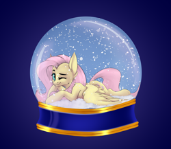 Size: 3825x3325 | Tagged: safe, artist:teelastrie, imported from derpibooru, fluttershy, pegasus, pony, commission, cute, female, gradient background, high res, looking at you, lying down, mare, one eye closed, prone, purple background, shyabetes, simple background, smiling, snow, snow globe, solo, spread wings, three quarter view, wings, wink, winking at you, ych result