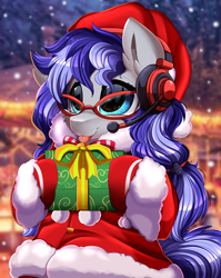 Size: 2550x3209 | Tagged: safe, artist:pridark, imported from derpibooru, imported from ponybooru, part of a set, oc, oc only, oc:cinnabyte, pony, :p, adorable face, blue eyes, christmas, cinnabetes, clothes, commission, cute, female, glasses, hat, headset, high res, holding, holiday, mare, older, present, santa hat, solo, teenager, tongue out, ych result