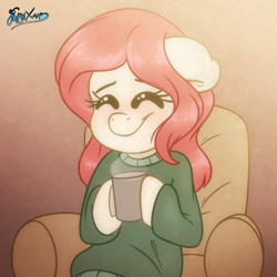 Size: 2000x2000 | Tagged: safe, artist:fluffyxai, imported from derpibooru, oc, oc only, blushing, chair, cute, jumper, mug, smiling, smuling