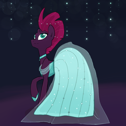 Size: 1280x1280 | Tagged: safe, artist:pfeffaroo, imported from derpibooru, fizzlepop berrytwist, tempest shadow, pony, unicorn, broken horn, clothes, dress, female, gala dress, hoof shoes, horn, jewelry, looking up, mare, necklace, pretty pretty tempest, raised hoof, solo, standing