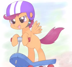 Size: 3008x2824 | Tagged: safe, artist:arrow__root, artist:ginmaruxx, imported from derpibooru, scootaloo, pegasus, pony, bipedal, cute, cutealoo, female, filly, flapping, helmet, high res, motion lines, open mouth, scooter, sky, solo