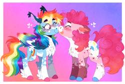 Size: 1986x1344 | Tagged: safe, artist:wanderingpegasus, imported from derpibooru, pinkie pie, rainbow dash, earth pony, pegasus, pony, :p, alternate hairstyle, blaze (coat marking), blushing, chest fluff, coat markings, colored wings, ear fluff, facial markings, female, freckles, heart, leg fluff, lesbian, mare, markings, multicolored wings, one eye closed, pale belly, pinkiedash, rainbow wings, redesign, shipping, socks (coat markings), tongue out, unshorn fetlocks, wings, wink