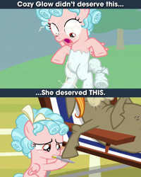 Size: 640x800 | Tagged: safe, edit, imported from derpibooru, screencap, cozy glow, cranky doodle donkey, donkey, pegasus, pony, a matter of principals, the ending of the end, background pony strikes again, caption, cozy deserved this, cozybuse, female, filly, foal, image macro, male, meme, nail file, op is a duck, op is trying to start shit, petrification, punish the villain, punishment, text