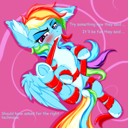 Size: 2500x2500 | Tagged: safe, artist:rurihal, imported from derpibooru, rainbow dash, pegasus, pony, annoyed, blushing, chest fluff, dock, ear fluff, frog (hoof), gift wrapped, mouth hold, ribbon, tangled up, underhoof