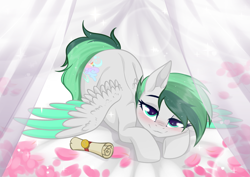 Size: 3465x2454 | Tagged: safe, artist:kim0508, imported from derpibooru, oc, oc only, oc:dreamer skies, pegasus, pony, base used, bed, bedroom eyes, pegasus oc, solo, wings