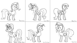 Size: 3840x2160 | Tagged: safe, artist:byteslice, imported from derpibooru, derpy hooves, dj pon-3, lyra heartstrings, starlight glimmer, sunset shimmer, trixie, vinyl scratch, pegasus, pony, unicorn, 4k, female, folded wings, mare, monochrome, simple background, sketch, white background, wings