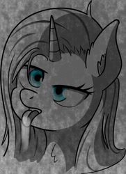 Size: 783x1080 | Tagged: safe, imported from derpibooru, oc, oc only, pony, unicorn, bust, derp, monochrome, neo noir, open mouth, partial color, portrait, solo, tongue out