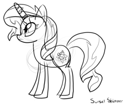 Size: 1102x931 | Tagged: safe, artist:byteslice, imported from derpibooru, sunset shimmer, pony, unicorn, female, mare, monochrome, simple background, sketch, white background