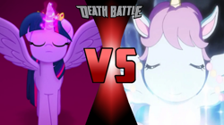 Size: 750x421 | Tagged: safe, artist:mega-poneo, imported from derpibooru, twilight sparkle, alicorn, my little pony: the movie, anime, death battle, exploitable meme, eyes closed, glowing horn, horn, jewelpet, magic, meditating, meme, opal (jewelpet), twilight sparkle (alicorn)