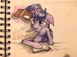 Size: 4032x3024 | Tagged: safe, artist:musical ray, imported from derpibooru, twilight sparkle, alicorn, pony, book, female, floppy ears, magic, mare, pencil, reading, solo, solo female, telekinesis, traditional art