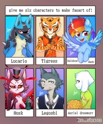 Size: 1072x1280 | Tagged: safe, artist:lollihopx, imported from derpibooru, rainbow dash, anthro, avian, big cat, cat, demon, goat, lucario, pegasus, pony, tiger, wolf, six fanarts, alcohol, anthro with ponies, asriel dreemurr, avian cat demon, beastars, booze, bust, clothes, crossover, ear fluff, eye clipping through hair, eyelashes, female, hat, hazbin hotel, husk (hazbin hotel), kung fu panda, legosi (beastars), male, mare, necktie, open mouth, pokémon, signature, smiling, spread wings, top hat, undertale, wings