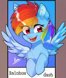 Size: 836x990 | Tagged: safe, alternate version, artist:lollihopx, imported from derpibooru, rainbow dash, pegasus, pony, bust, ear fluff, eye clipping through hair, eyelashes, female, mare, open mouth, signature, smiling, solo, spread wings, wings