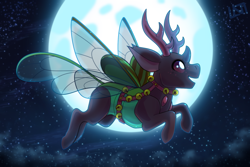 Size: 990x660 | Tagged: safe, artist:lastnight-light, imported from derpibooru, oc, oc only, oc:melon, changedling, changeling, bells, full moon, harness, jingle bells, moon, night, solo, tack