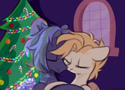 Size: 2048x1477 | Tagged: safe, artist:shiny-dust, imported from derpibooru, oc, oc only, pony, christmas, christmas tree, eyes closed, female, holiday, male, shipping, smiling, straight, tree