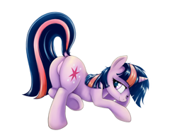 Size: 2000x1500 | Tagged: safe, artist:rainbow, edit, twilight sparkle, pony, unicorn, butt, dock, face down ass up, featureless crotch, female, mare, one eye closed, plot, presenting, raised tail, simple background, solo, solo female, tail, unicorn twilight, white background