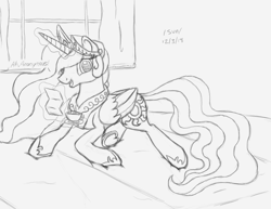 Size: 1650x1275 | Tagged: artist needed, source needed, safe, princess celestia, alicorn, pony, /sun/, bed, crown, dialogue, female, food, horn, jewelry, laying on bed, looking at you, lying down, magic, mare, on bed, peytral, regalia, sketch, smiling, solo, talking to viewer, tea, telekinesis, window, wings