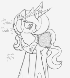 Size: 1148x1275 | Tagged: artist needed, source needed, safe, princess celestia, alicorn, pony, /sun/, crown, dialogue, female, horn, jewelry, mare, peytral, regalia, sketch, smiling, solo, wing mittens, wings