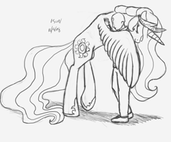 Size: 1106x920 | Tagged: artist needed, source needed, safe, princess celestia, oc, oc:anon, alicorn, human, pony, /sun/, crown, eyes closed, female, hoof shoes, horn, hug, jewelry, mare, regalia, sketch, smiling, winghug, wings