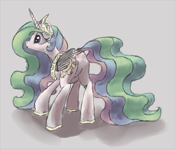 Size: 789x672 | Tagged: artist needed, source needed, safe, princess celestia, alicorn, pony, butt, crouching, crown, female, hoof shoes, horn, jewelry, mare, peytral, plot, regalia, simple background, solo, white background, wings, worried