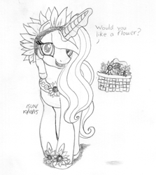 Size: 731x820 | Tagged: artist needed, source needed, safe, princess celestia, alicorn, pony, /sun/, basket, clothes, costume, dialogue, female, flower, flower basket, hoof shoes, looking at you, magic, mare, open mouth, peytral, sketch, smiling, solo, talking to viewer, telekinesis