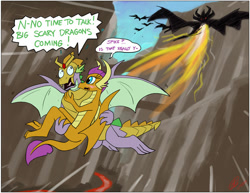 Size: 1024x792 | Tagged: safe, artist:loreto-arts, imported from ponybooru, smolder, spike, dragon, armor, blushing, chase, duo, fire, holding a dragon, older, older smolder, older spike, saving, speech bubble, text