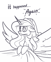 Size: 400x480 | Tagged: artist needed, source needed, safe, princess celestia, alicorn, pony, bed, blanket, female, hat, horn, mare, nightcap, sketch, solo, spread wings, text, wings