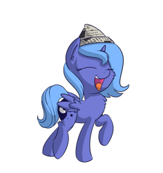 Size: 1261x1333 | Tagged: artist needed, source needed, safe, princess luna, alicorn, pony, female, filly, hat, horn, open mouth, paper hat, s1 luna, simple background, smiling, solo, spread wings, transparent background, wings, woona, younger