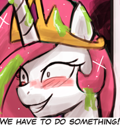 Size: 425x441 | Tagged: safe, princess celestia, alicorn, pony, princess molestia, blushing, crown, female, grin, horn, jewelry, mare, reaction image, regalia, shrunken pupils, smiling, solo, text