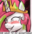 Size: 425x441 | Tagged: safe, princess celestia, alicorn, pony, princess molestia, blushing, crown, female, grin, horn, jewelry, mare, reaction image, regalia, shrunken pupils, smiling, solo, text