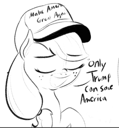 Size: 590x632 | Tagged: artist needed, source needed, safe, applejack, earth pony, pony, dialogue, eyes closed, female, freckles, hat, make america great again, mare, open mouth, politics, simple background, sketch, solo, trump, white background