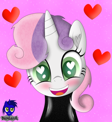 Size: 3840x4154 | Tagged: safe, alternate version, artist:damlanil, imported from derpibooru, sweetie belle, pony, unicorn, blushing, catsuit, clothes, cute, diasweetes, female, filly, floating heart, happy, heart, heart eyes, horn, latex, latex suit, looking at you, mare, open mouth, pink background, rubber, shine, shiny, simple background, smiling, spy, suit, vector, weapons-grade cute, wingding eyes