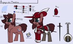 Size: 4096x2483 | Tagged: safe, artist:aripegio del mandolino, imported from ponybooru, oc, oc only, oc:aripegio del mandolino, pony, unicorn, bard, clothes, fantasy class, feathered hat, female, glasses, hat, horn, mandolin, mare, markings, musical instrument, reference sheet, simple background, sword, weapon