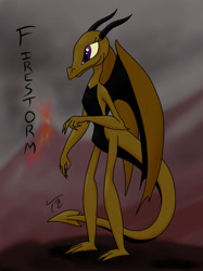 Size: 1024x1366 | Tagged: safe, artist:tunrae, imported from derpibooru, oc, oc only, dragon, dragon lands, dragon oc, female, solo, teenaged dragon, text, volcano