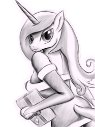 Size: 1024x1366 | Tagged: safe, artist:tunrae, imported from derpibooru, fleur-de-lis, anthro, unicorn, christmas, clothes, detached sleeves, dress, female, holiday, looking at you, looking back, present, simple background, sketch, transparent background