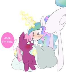 Size: 1899x2048 | Tagged: safe, artist:aztrial, imported from derpibooru, cheerilee, princess celestia, alicorn, earth pony, blanket, blushing, cheerilestia, female, lesbian, shipping, sick, worried